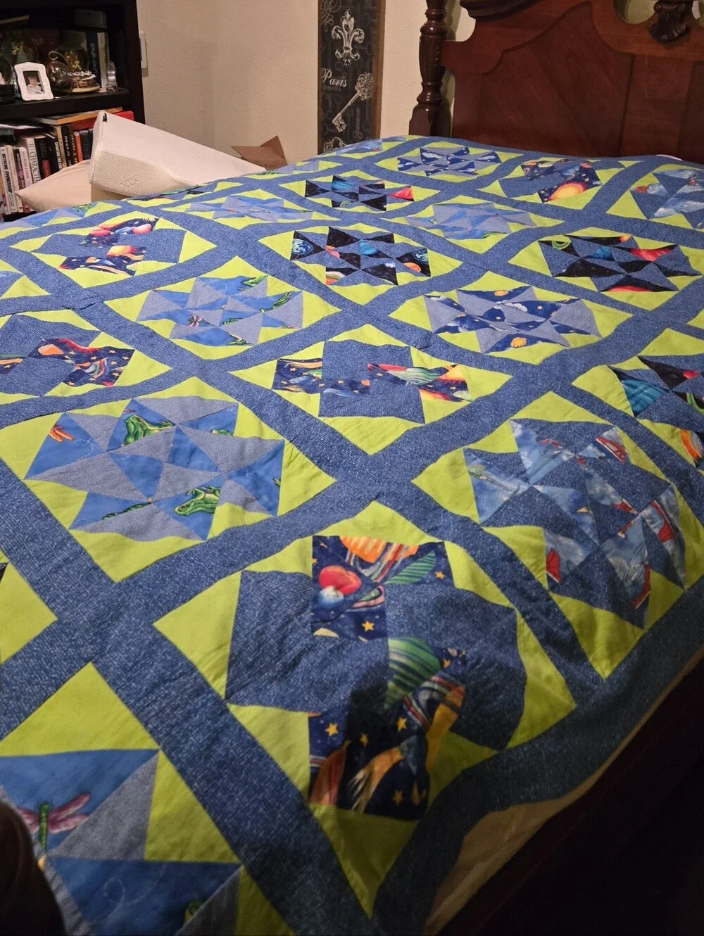 Patchwork COTTON QUILT  FULL/QUEEN SZ BLUE GRN Stars Planets 4 Cards Motif Cabin
